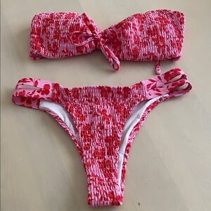 Pink & Red Smocked Bandeau Bikini Set